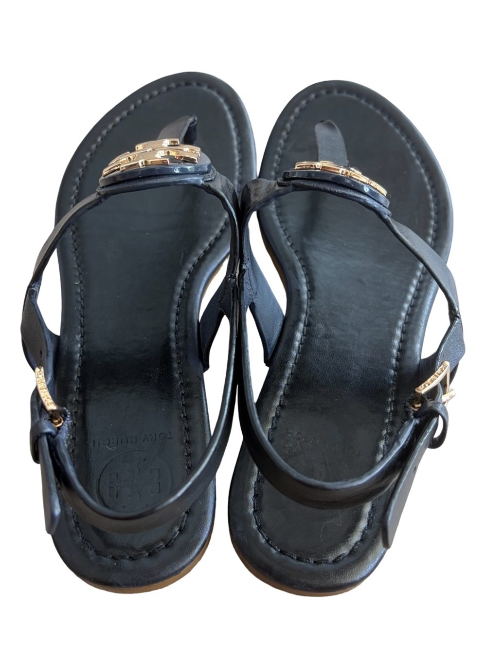 Tory Burch Black Leather Thong Sandals with Gold Logo Accent - Picture 9 of 14